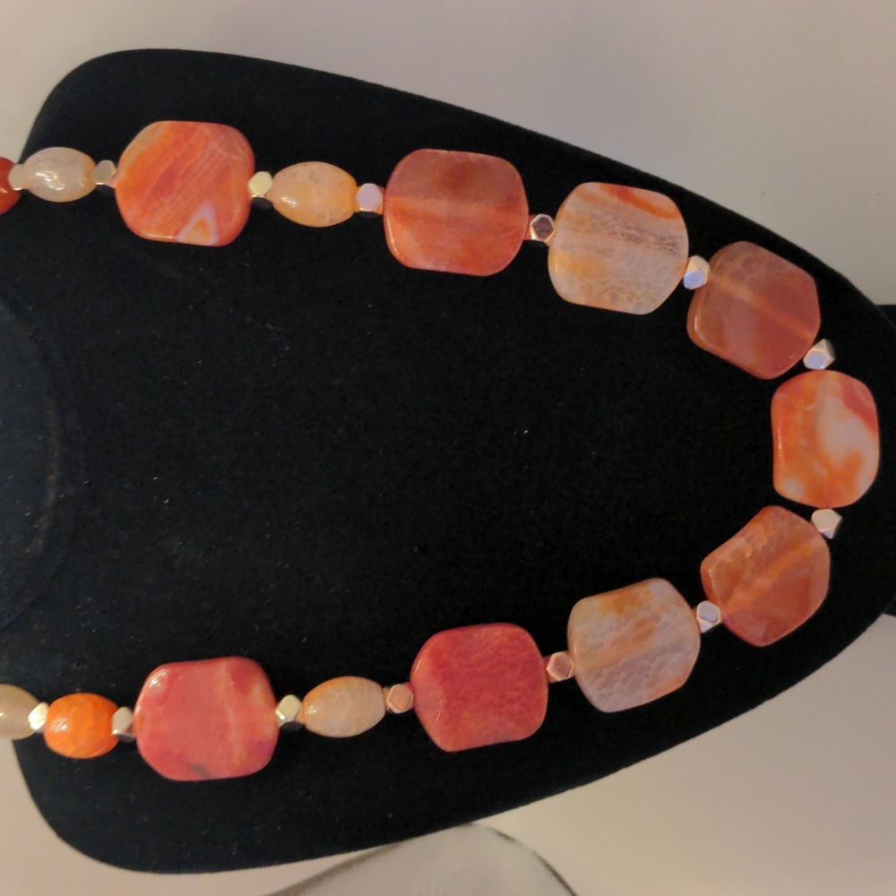 New Agate Orange & Cream Necklace, Gold tone Accents, 24"+2 1/2", Bold, Boho